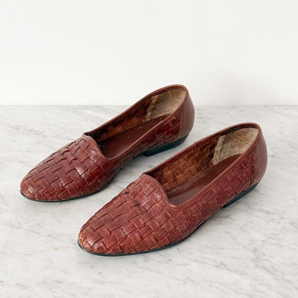 Vintage Woven Leather Loafers Huarache Flats 8 Brown Basket Weave Made in Brazil